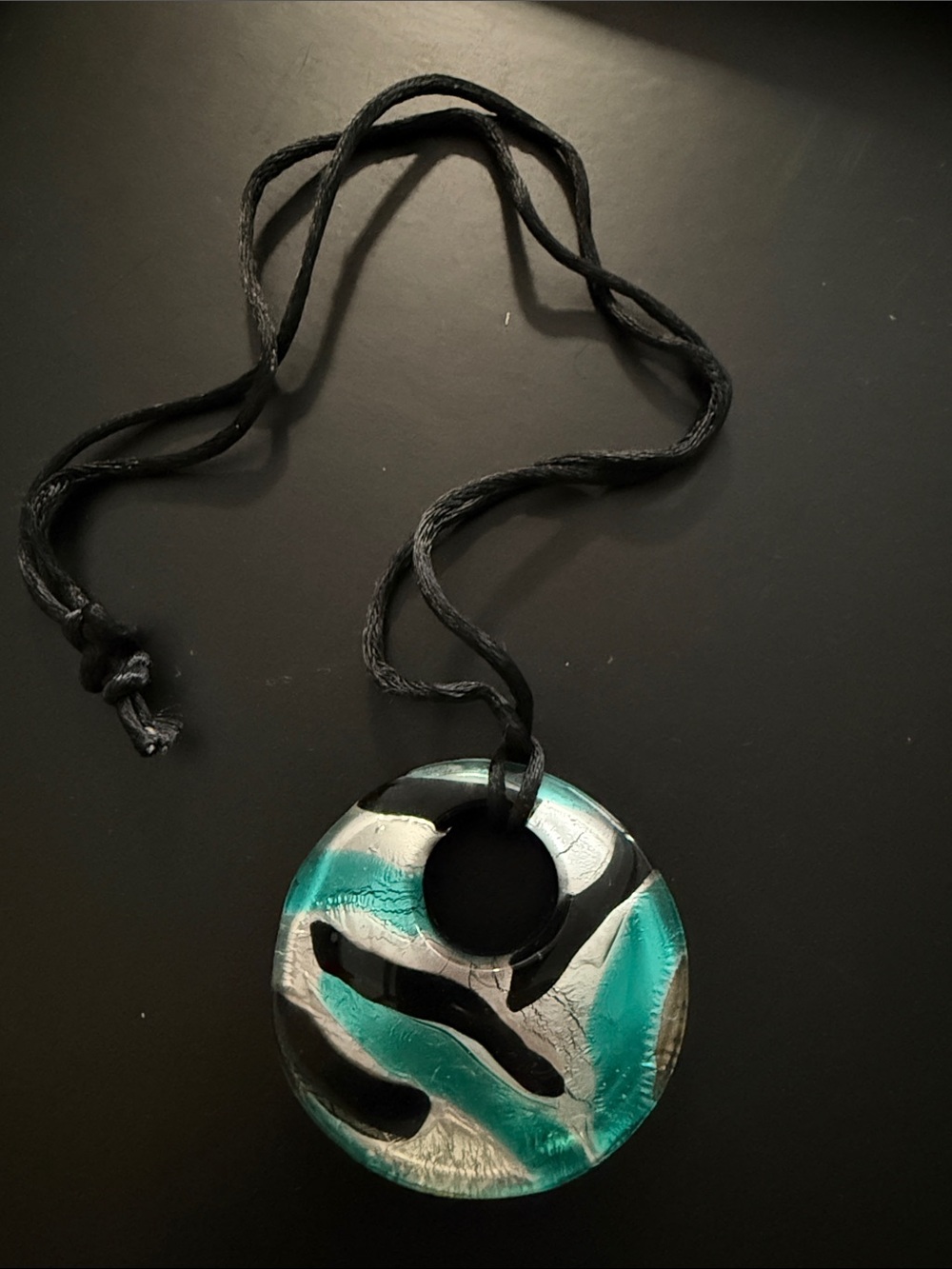 Murano Glass Pendant Necklace in Teal, Silver and Black - vintage